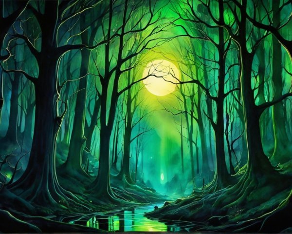 Enchanting Forest with Moonlit Stream and Trees