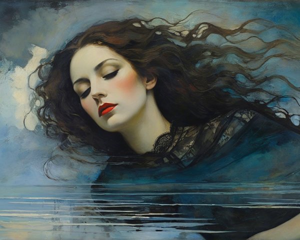 Serene Woman in Tranquil Waters with Ethereal Colors