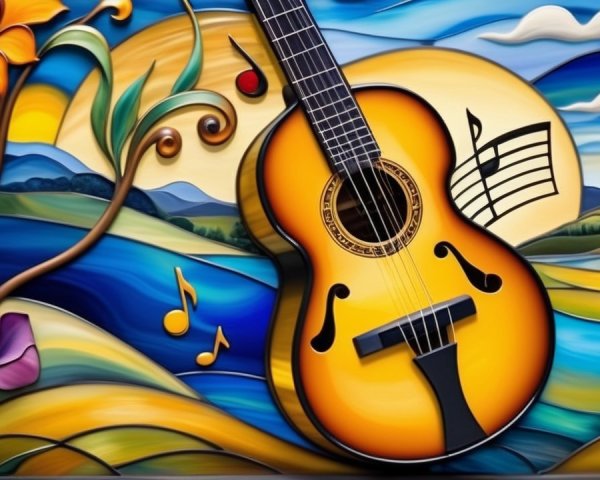 Vibrant Artwork of Guitar Surrounded by Nature Elements