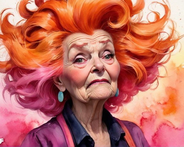 Elderly Woman with Vibrant Hair in Pastel Background