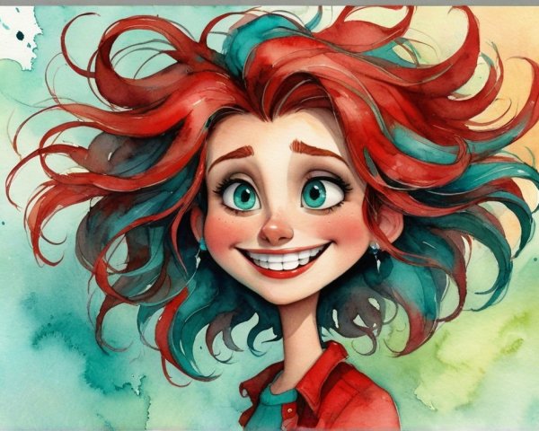 Cheerful Girl with Curly Red Hair and Pastel Background