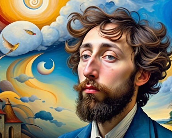 Surreal Portrait of a Man in a Whimsical Landscape