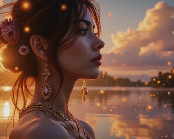 Young Woman with Jewelry by a Serene Sunset Lake