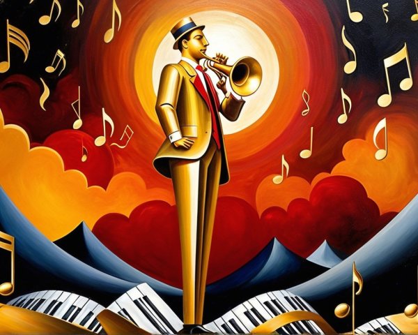 Dynamic Painting of Musician in Golden Suit and Trumpet