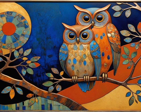 Stylized Owls on Branch with Vibrant Colors and Patterns