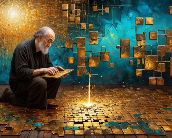 Elderly Scholar Studying Ancient Tablet on Golden Floor