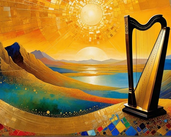 Vibrant Landscape with Golden Harp and Rolling Hills