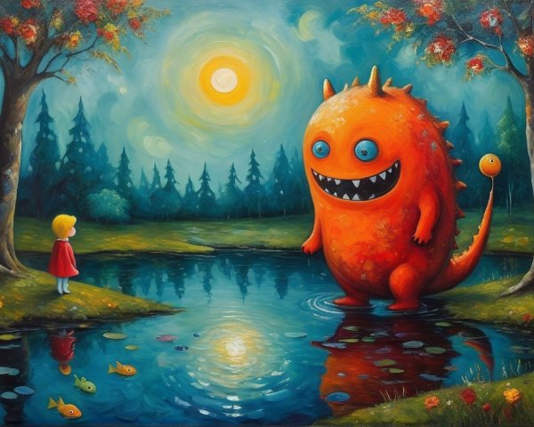 Whimsical Scene of Girl and Friendly Orange Monster