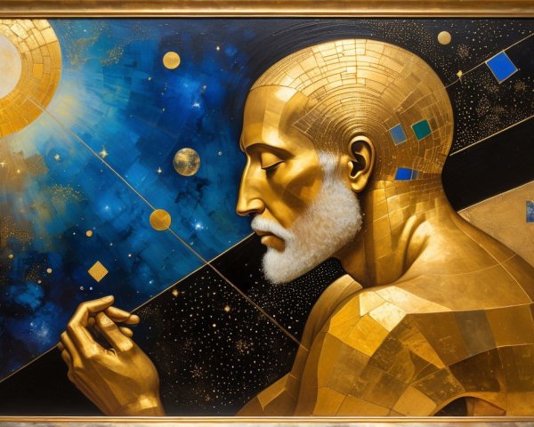 Golden Figure with Serene Expression in Cosmic Setting