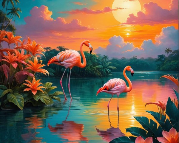 Serene Sunset with Flamingos in Tropical Landscape