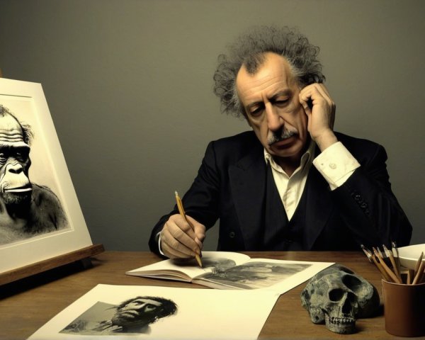 Classic Scientist at Desk with Sketches and Utensils