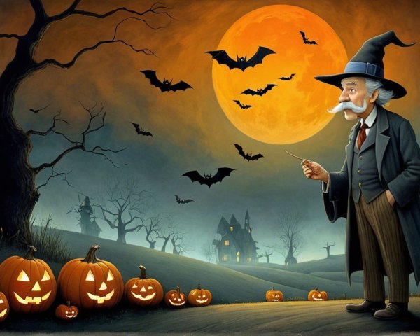 Whimsical Halloween Scene with Pumpkins and Moon