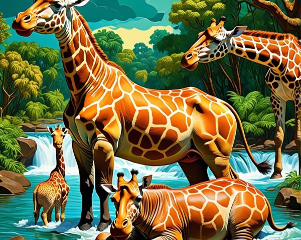Vibrant Scene of Giraffes by a Serene River