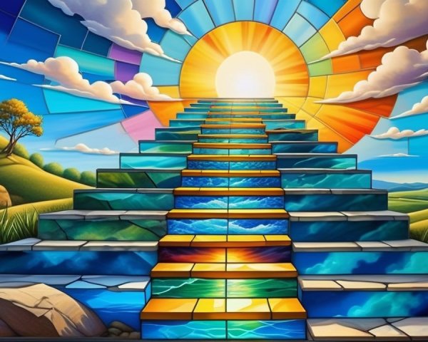 Colorful mural of a luminous staircase and sun