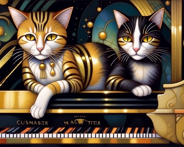Elegant Cats on a Grand Piano with Art Deco Design