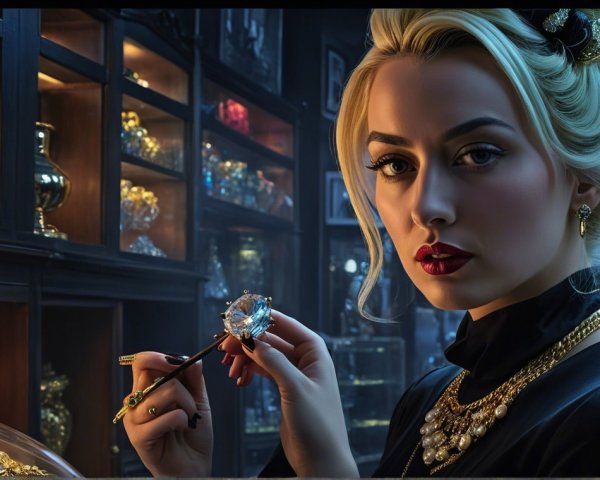 Glamorous Woman Examines Gemstone in Antique Shop