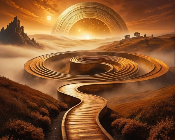 Golden Pathway in a Surreal Landscape with Planet
