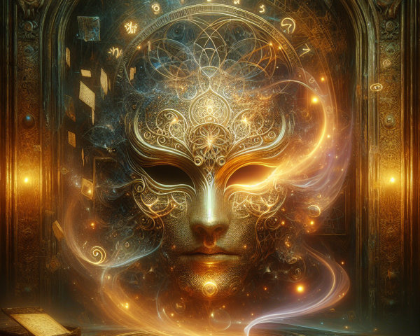 Ethereal Face in Golden Cosmic Light and Patterns