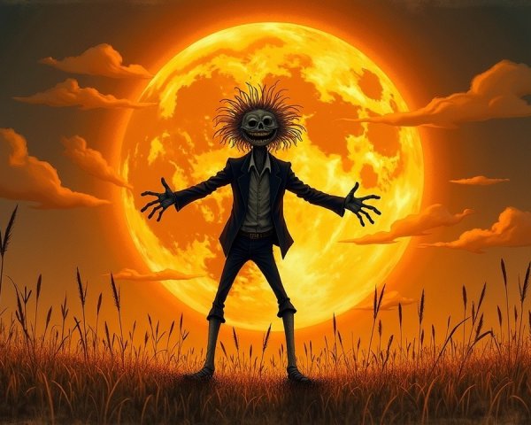 Whimsical Figure in Golden Field Under Orange Moon