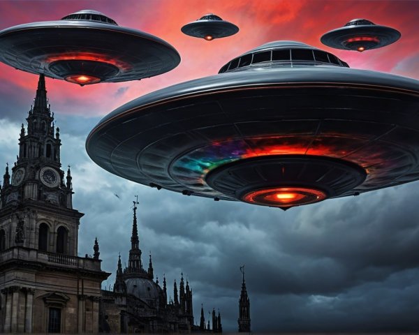 UFOs Hovering Over Historic Cityscape at Twilight