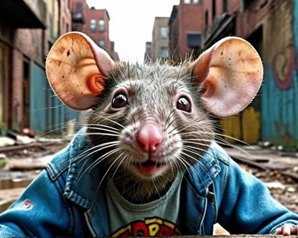 Cartoonish Rat in Denim Jacket in Urban Alley Scene