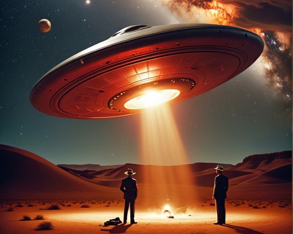 Desert Scene with UFO and Silhouetted Figures