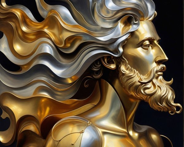Majestic figure with golden hair against dark background