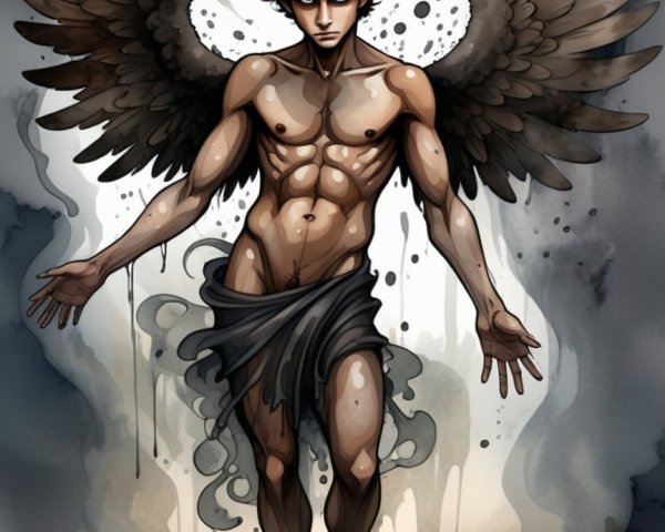 Muscular Winged Figure with Dark Feathers and Tattered Cloth
