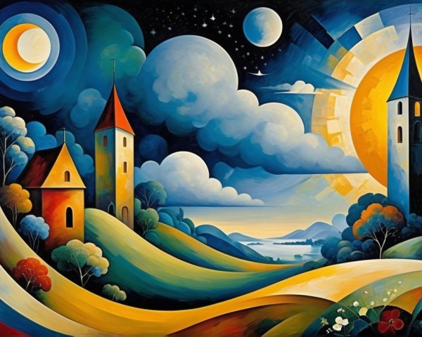 Vibrant Landscape with Whimsical Towers and Trees