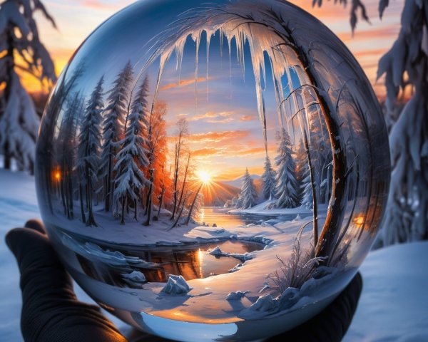 Close-Up of Gloved Hand Holding Glass Orb with Winter Scene