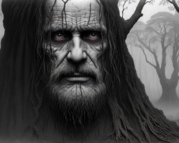 Ancient Face in Gnarled Tree in Foggy Forest