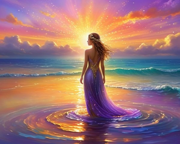 Silhouette of Woman in Shimmering Water at Sunrise