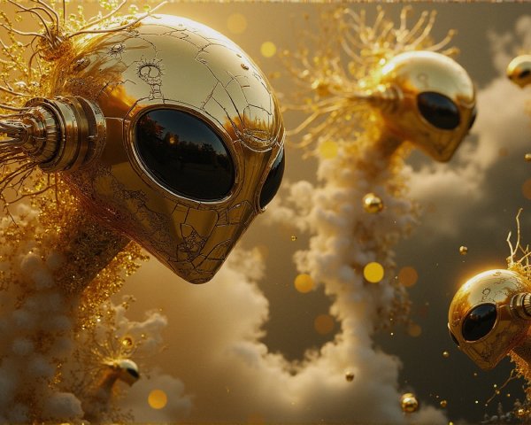 Surreal Scene of Futuristic Golden Humanoid Heads