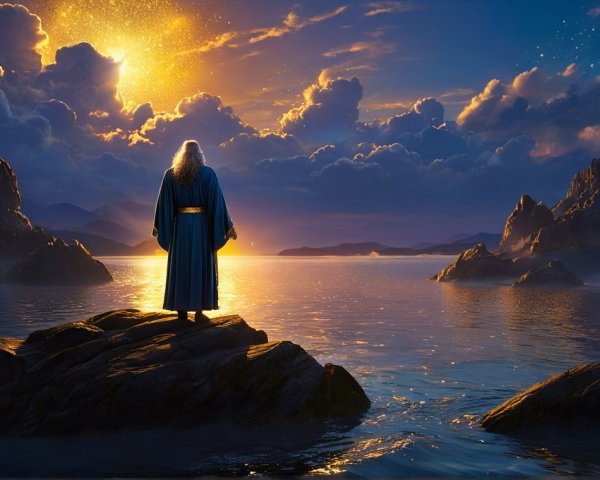 Majestic Figure Overlooking Sunset at Rocky Shore