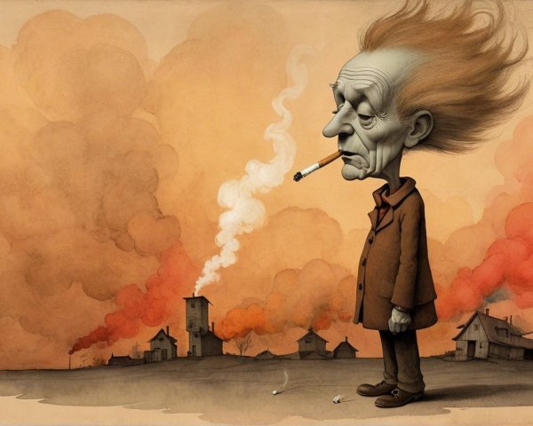 Whimsical Illustration of a Lonely Man in Smoke