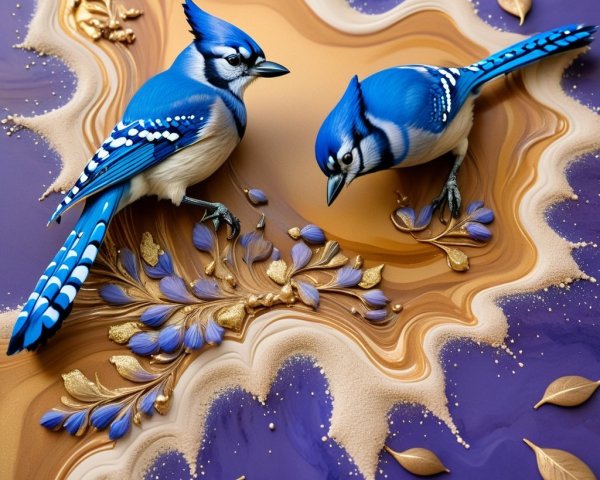 Vibrant Blue Jays on Ornate Floral Background