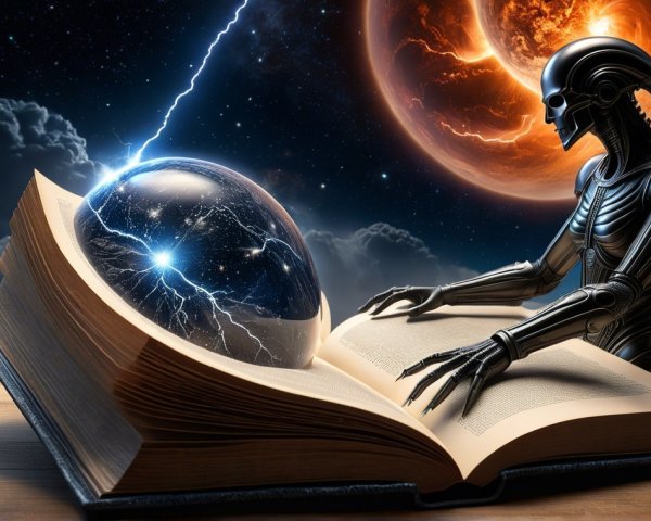 Futuristic Scene with Robotic Figure and Glowing Book