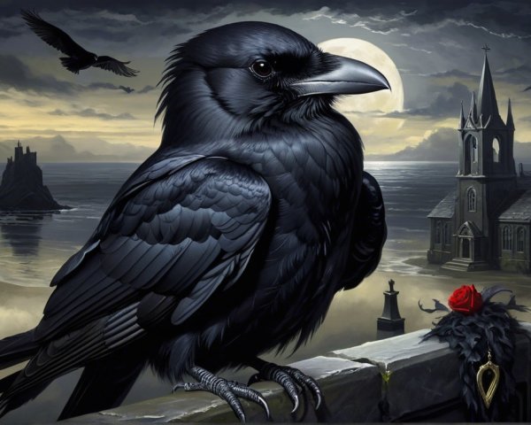 Majestic Raven on Stone Ledge with Eerie Landscape