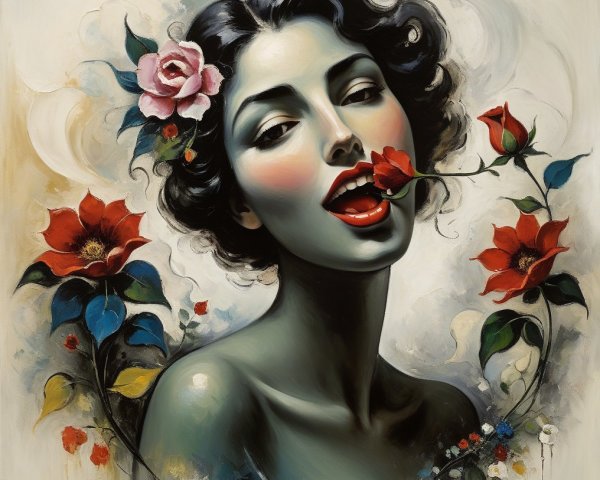 Stylized Woman with Flowers and Ethereal Background
