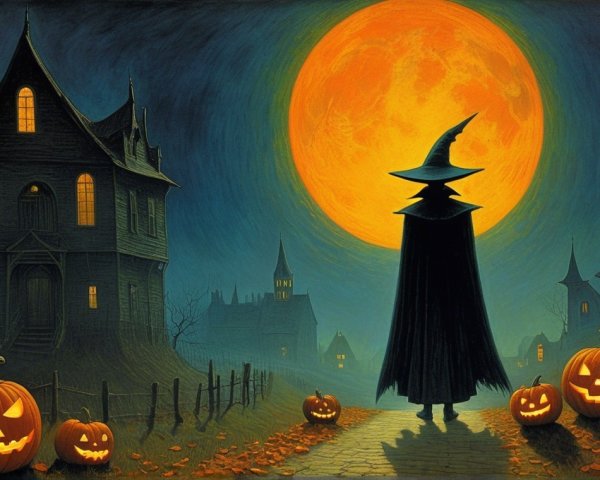 Shadowy Figure on Path with Jack-o'-Lanterns and Moon