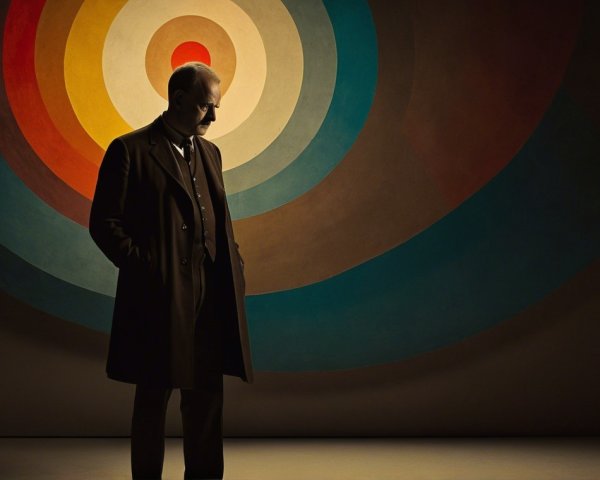 Man in Dark Coat Against Vibrant Circle Backdrop