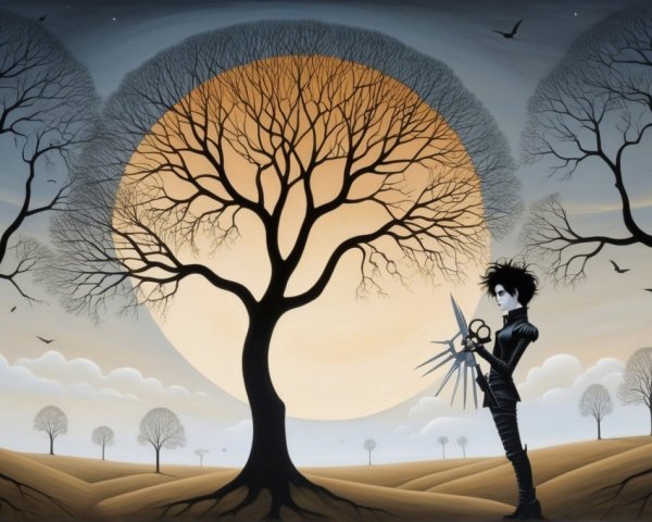 Surreal Landscape with Figure and Oversized Scissors