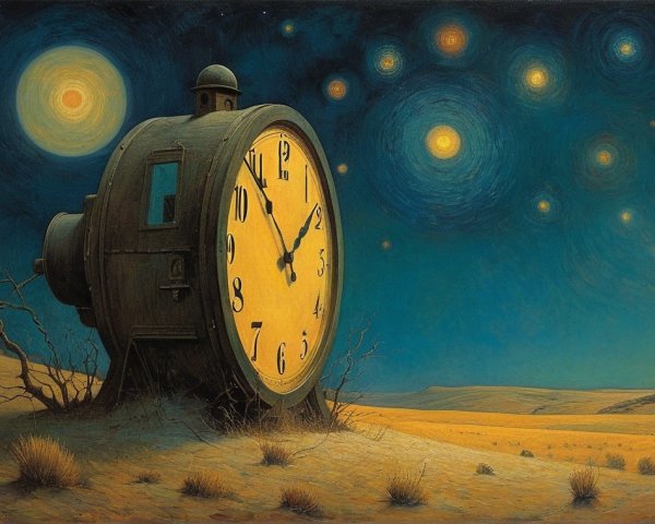 Vintage Clock in Sandy Landscape Under Starry Sky