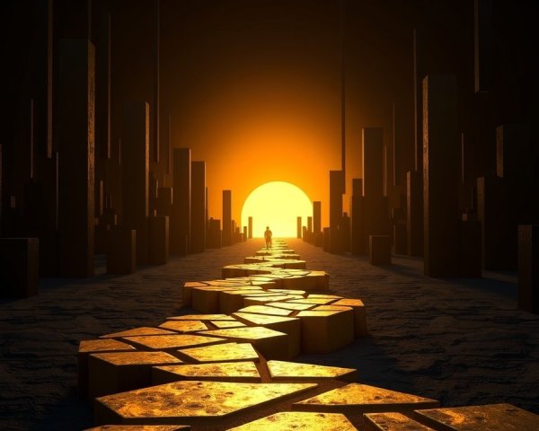 Fragmented Golden Tile Pathway at Sunset Landscape