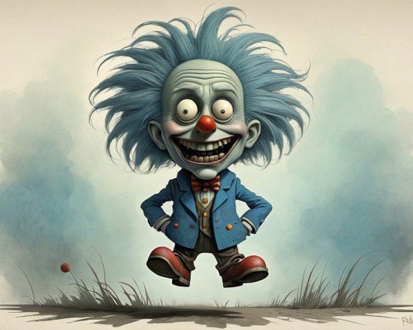 Whimsical Clown in Colorful Landscape with Exaggerated Features