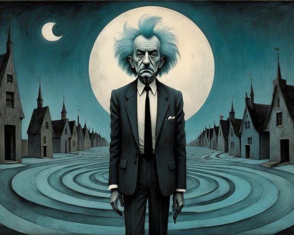 Somber Figure in Surreal Landscape Under Luminous Moon