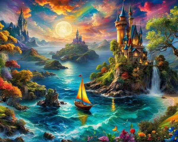 Vibrant Fantasy Landscape with Sailboat and Castles