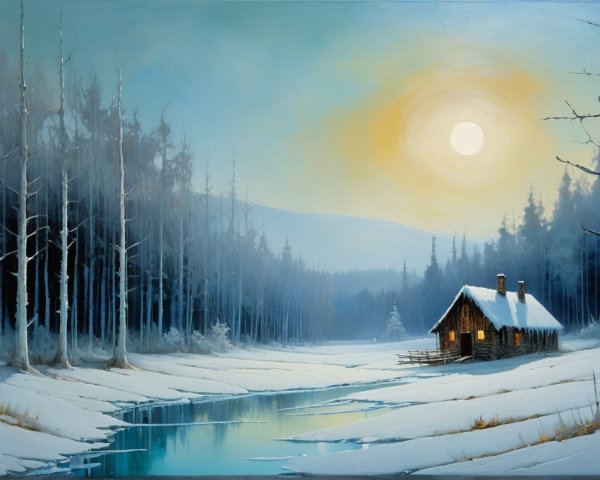 Cozy Cabin in Serene Winter Landscape with Fog