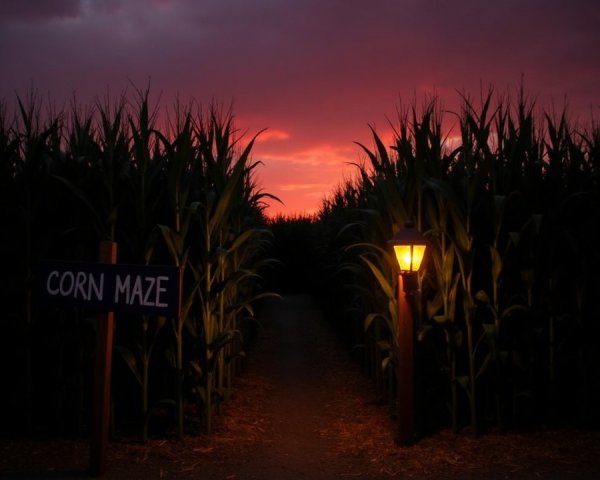 Twilight Corn Maze with Illuminated Entrance Sign