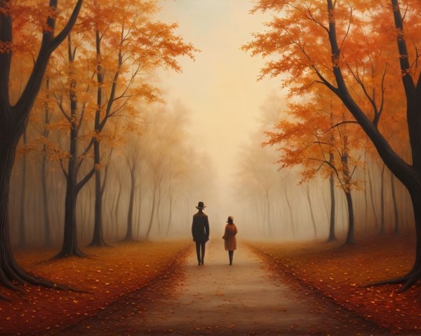 Autumn Forest Path with Figures in Foggy Atmosphere